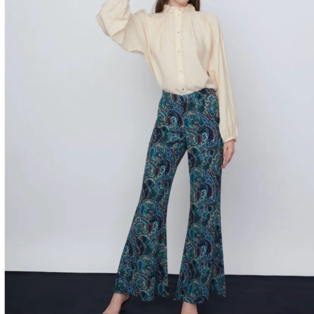 Zara Teal and Pink Paisley Wide-Leg Pants boho style sz M preloved